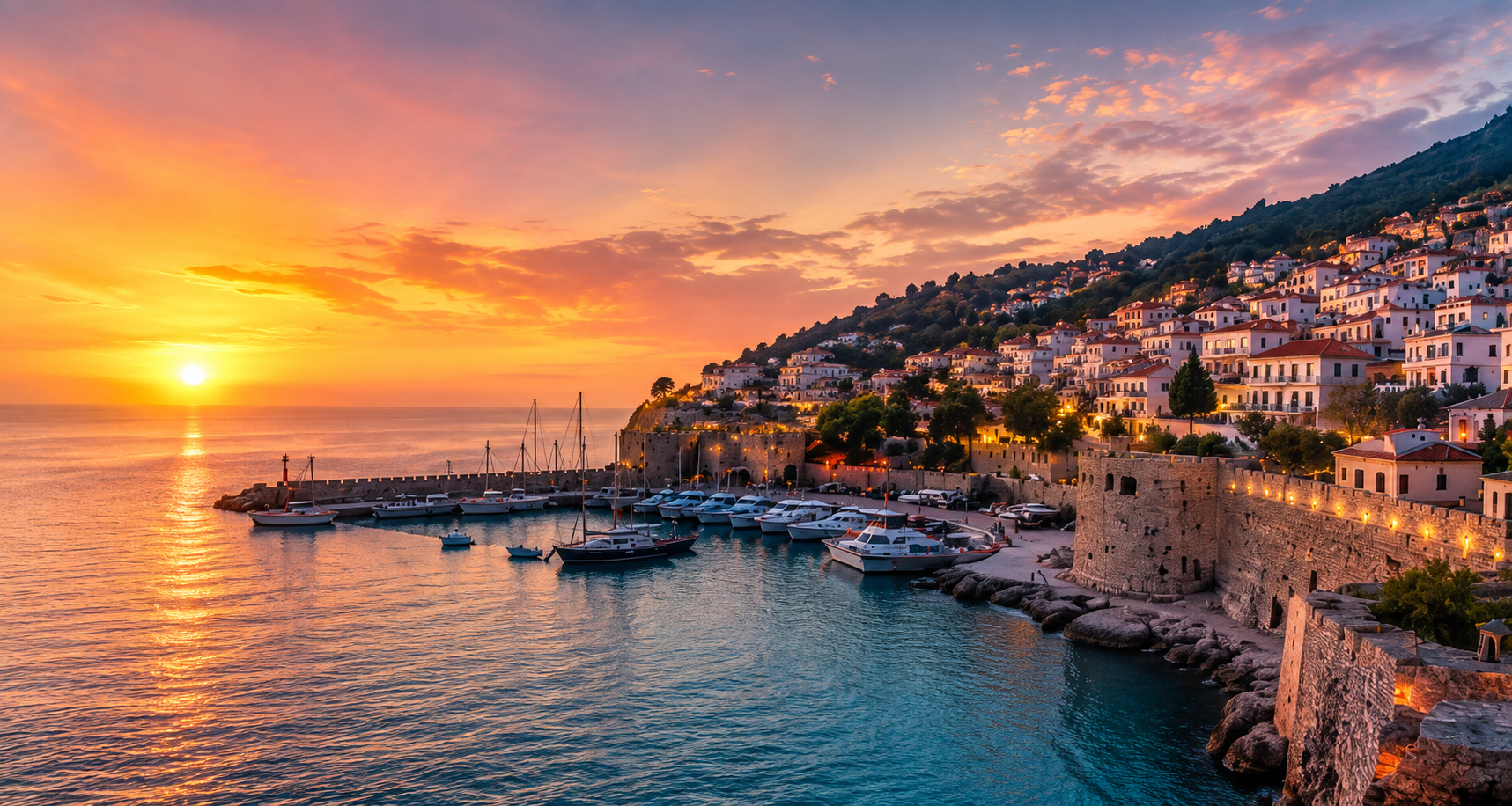 Coastal harbor at sunset